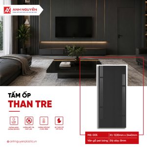 ứng dụng vách tivi phòng khách kết hợp tấm ốp than tre và lam sóng